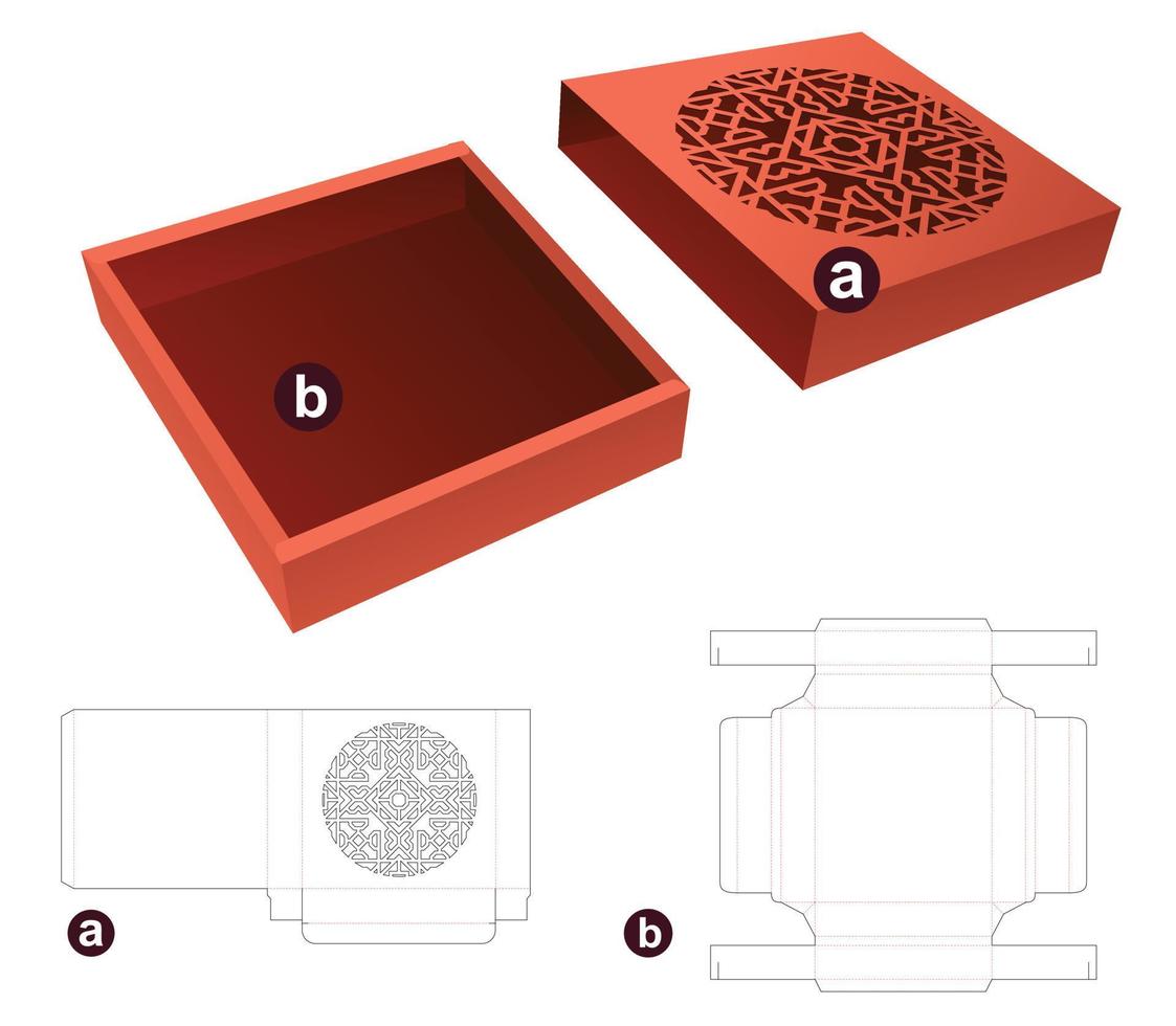 Sliding tin box with cover which has stenciled pattern window die cut template and 3D mockup vector