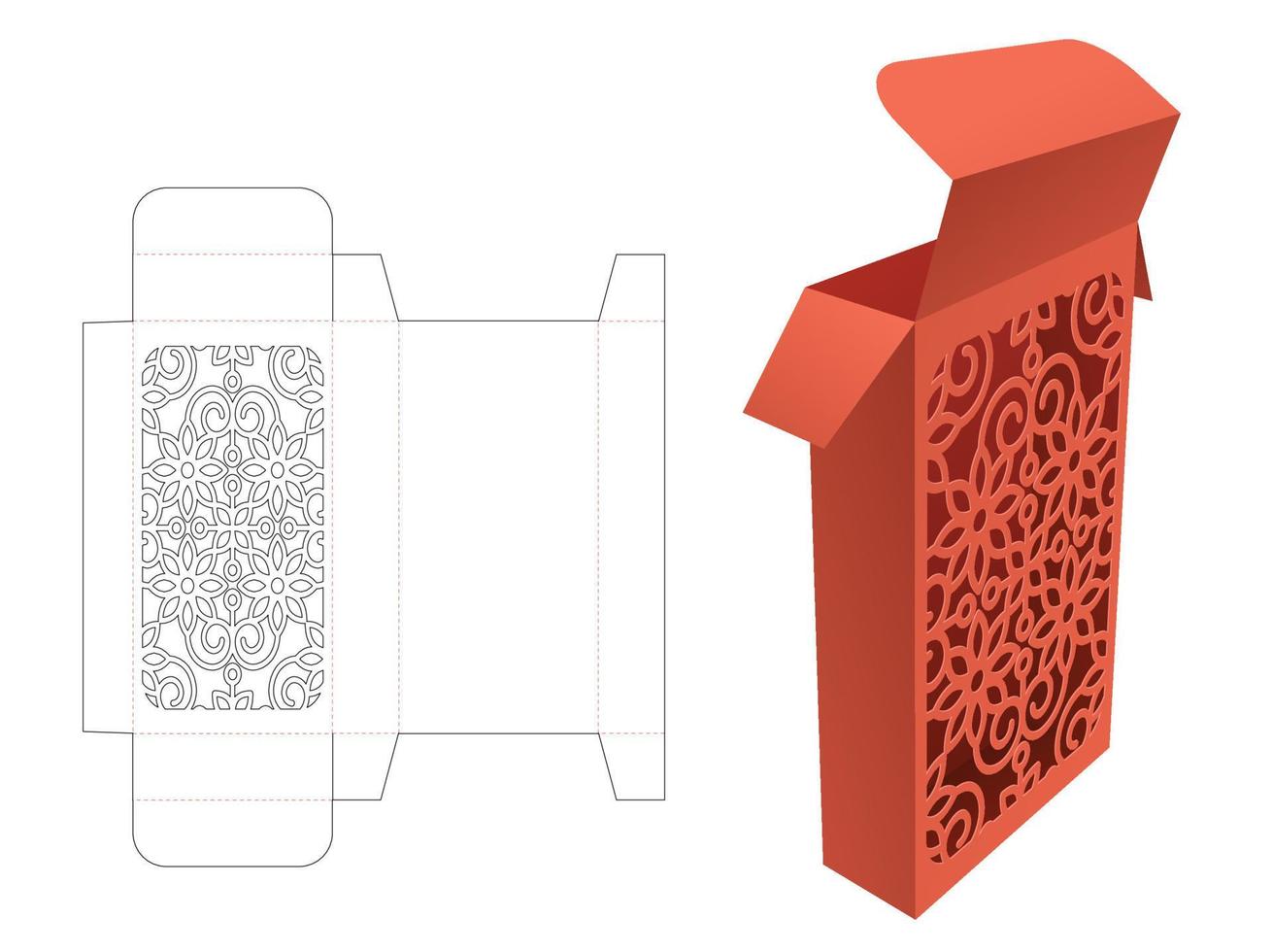 Stenciled pattern long packaging box die cut template and 3D mockup vector