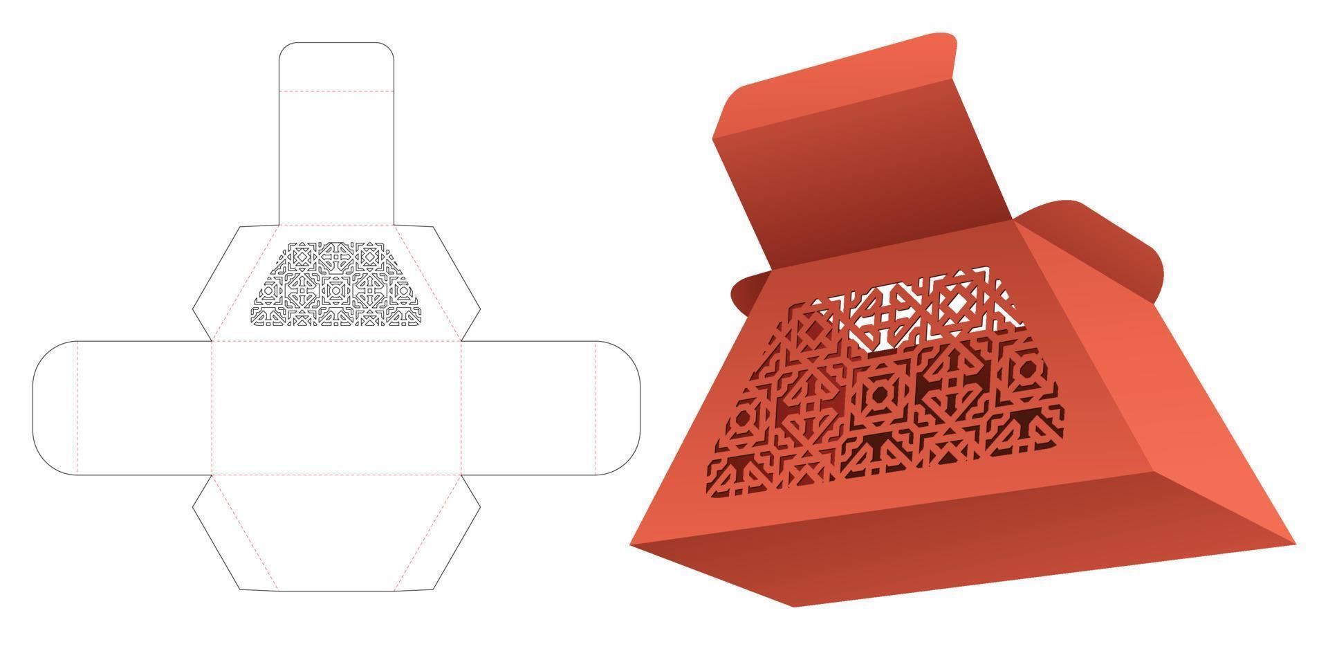 Cardboard trapezoid box with stenciled pattern die cut template and 3D mockup vector