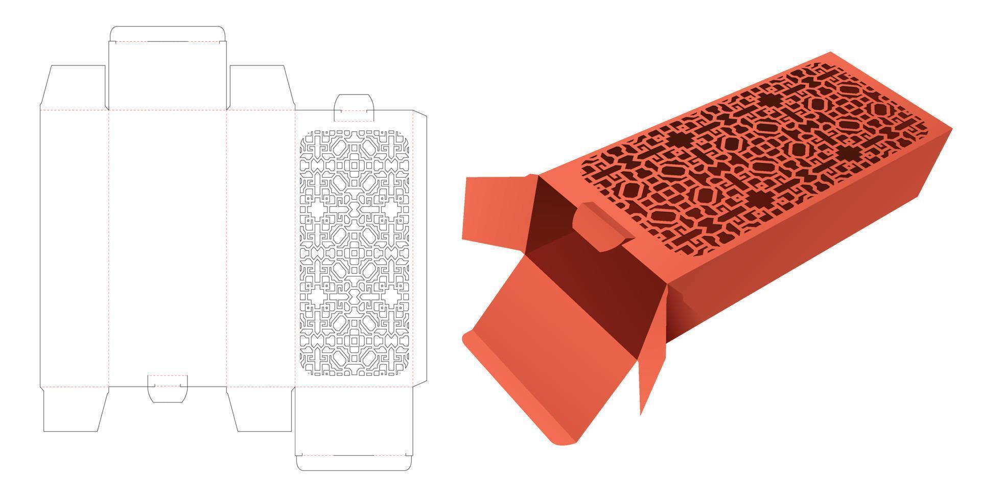 Easily long box with stenciled pattern window die cut template and 3D mockup vector