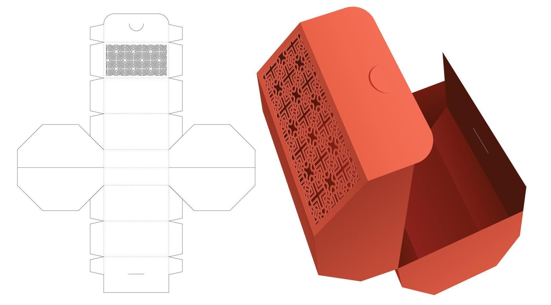 Octagonal middle opening flip box with stenciled pattern die cut template and 3D mockup vector