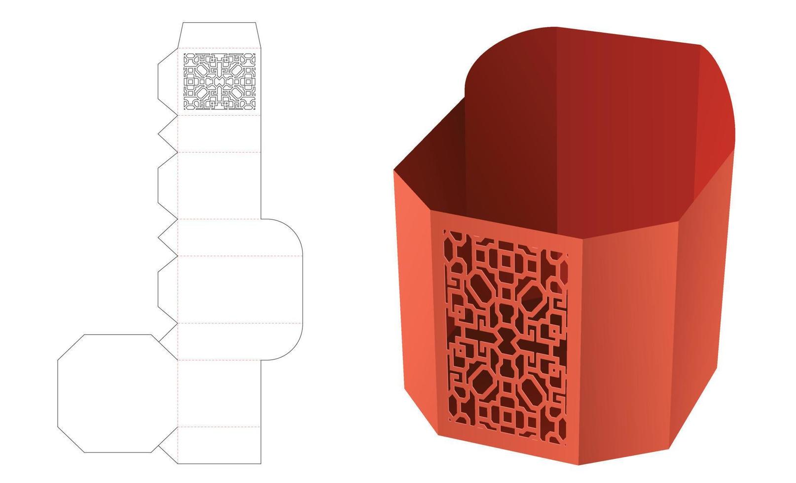 Octagonal shaped bowl with stenciled pattern die cut template and 3D mockup vector