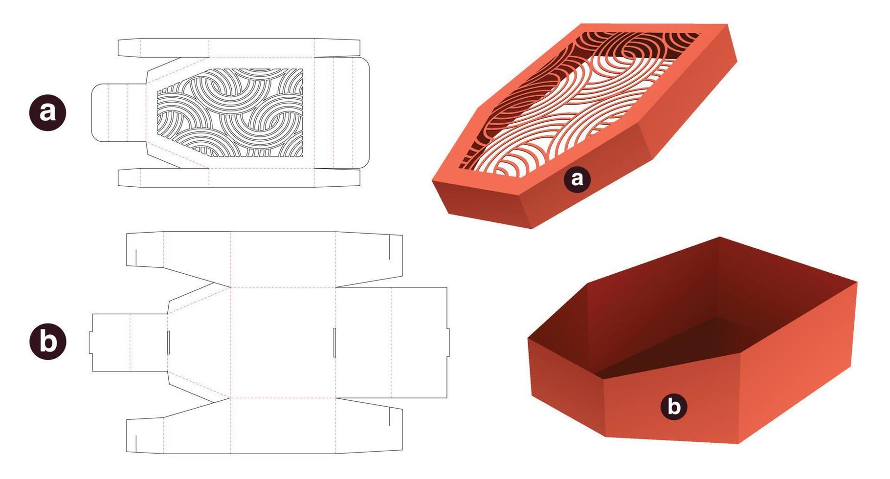 Cardboard boat shaped box with stenciled curved pattern lid die cut template and 3D mockup vector