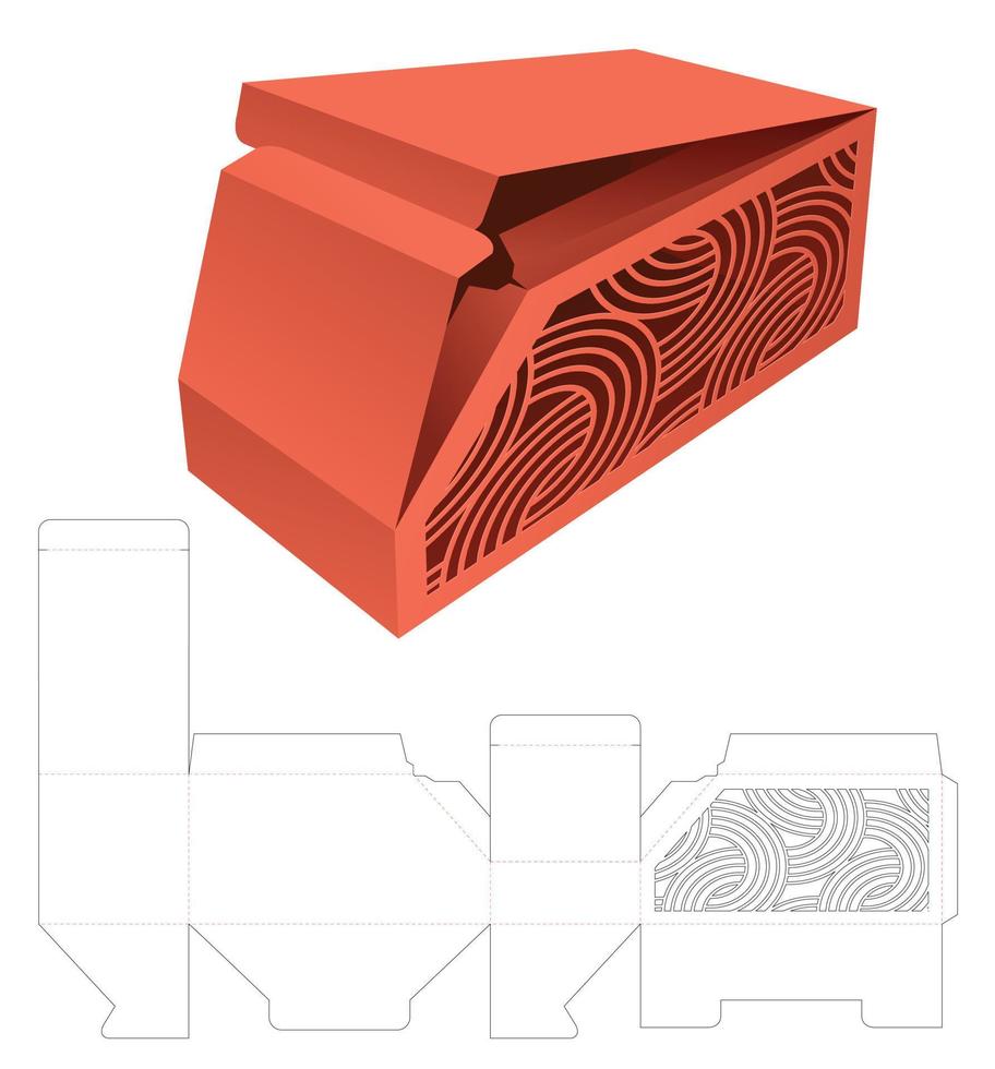 Caja de ángulo de 2 vueltas con plantilla troquelada de ventana de patrón curvo estarcido y maqueta 3d vector