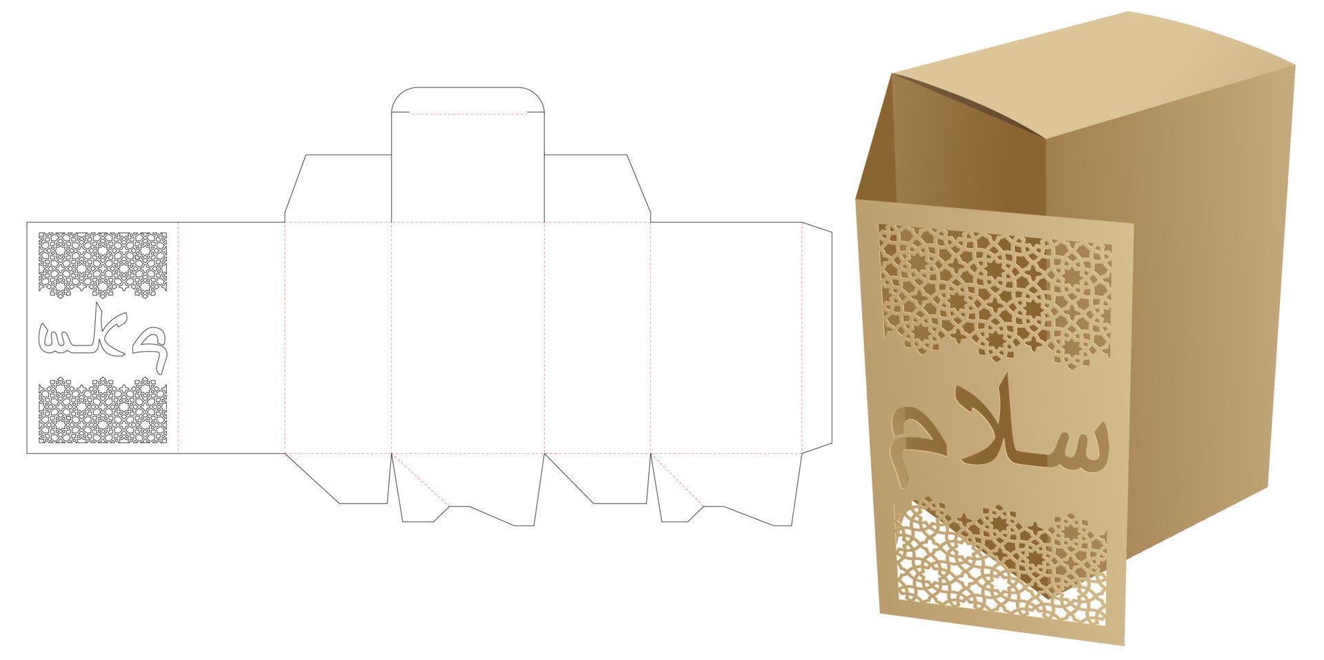 Box and flip cover with stencileed PEACE word in Arabic window die cut template and 3D mockup vector