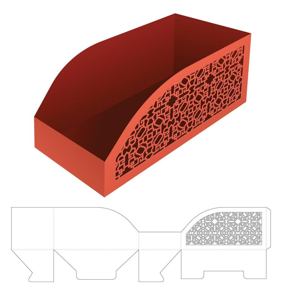 Curved edge tray with stenciled pattern die cut template and 3D mockup vector