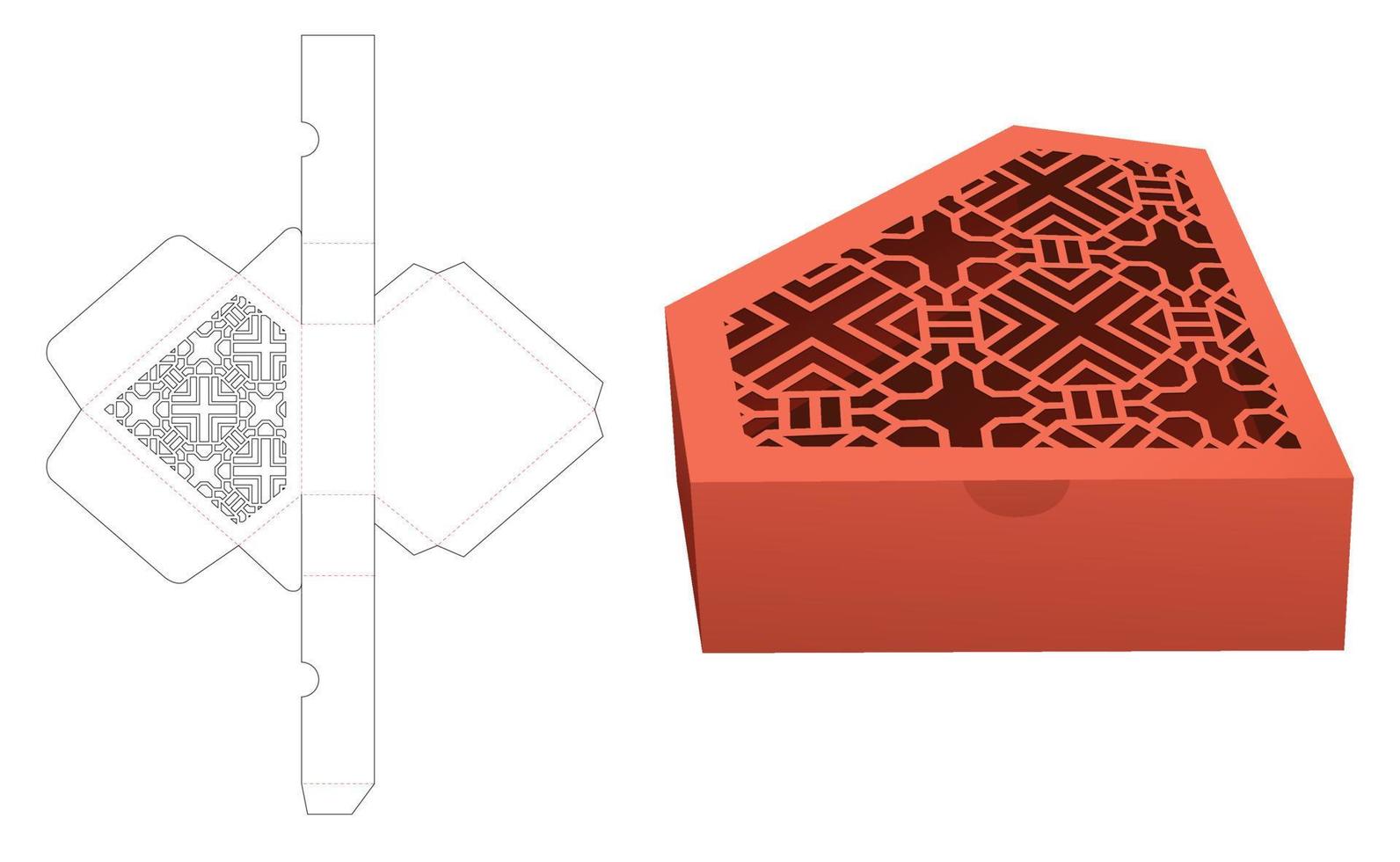 Diamond shaped flip box with stenciled pattern die cut template and 3D mockup vector