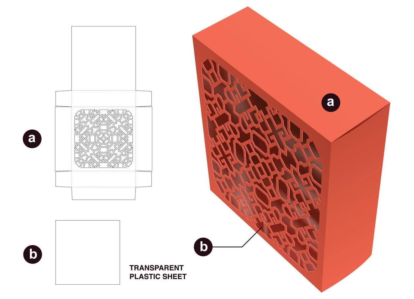 Square packaging box and stenciled pattern window with transparent plastic sheet die cut template and 3D mockup vector