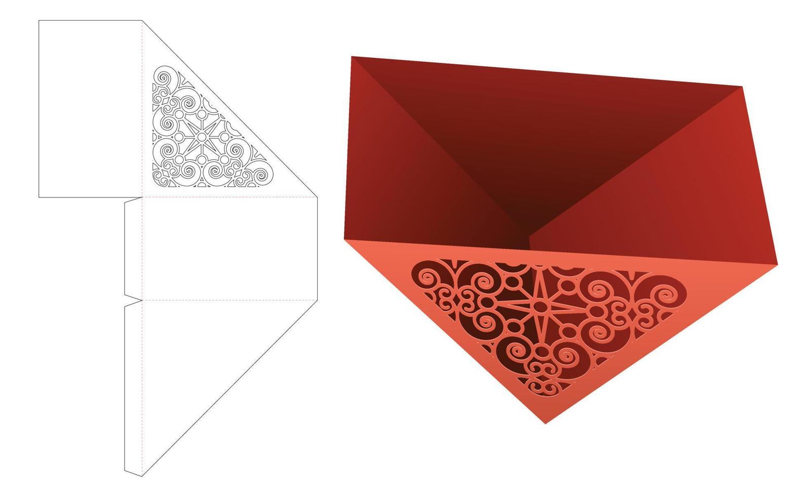 triangular shaped snack container with stenciled pattern die cut template and 3D mockup vector