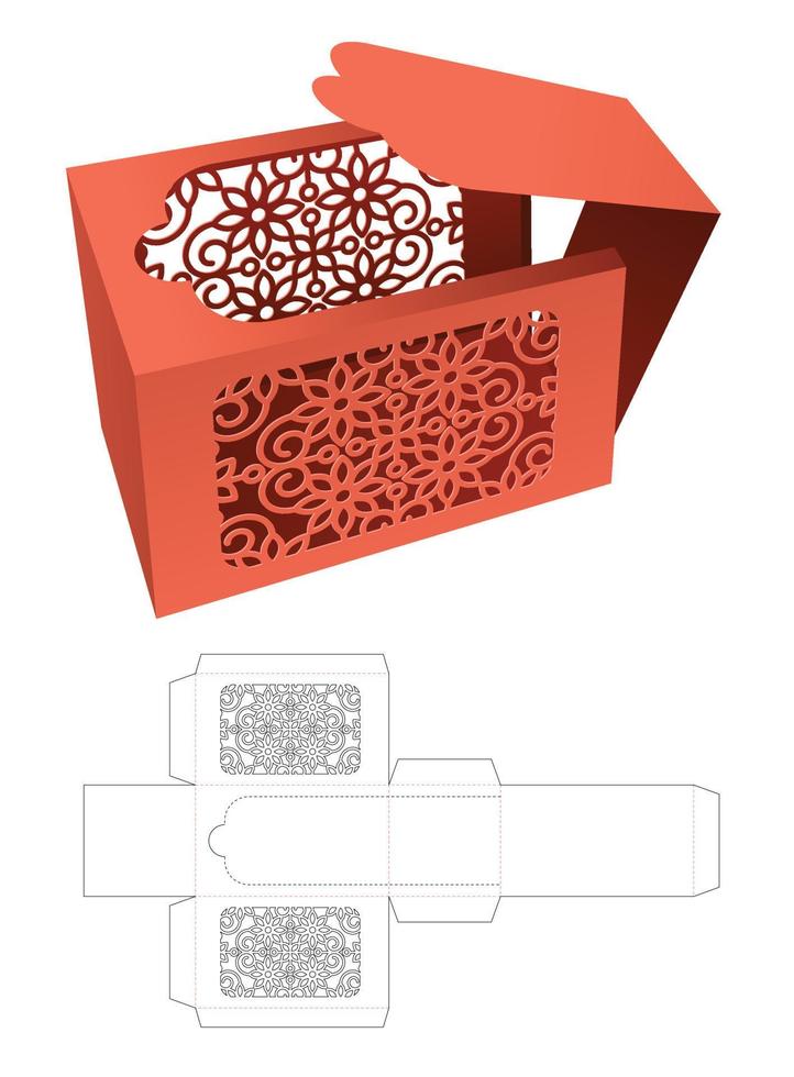 Zipping rectangular box with stenciled pattern die cut template and 3D mockup vector