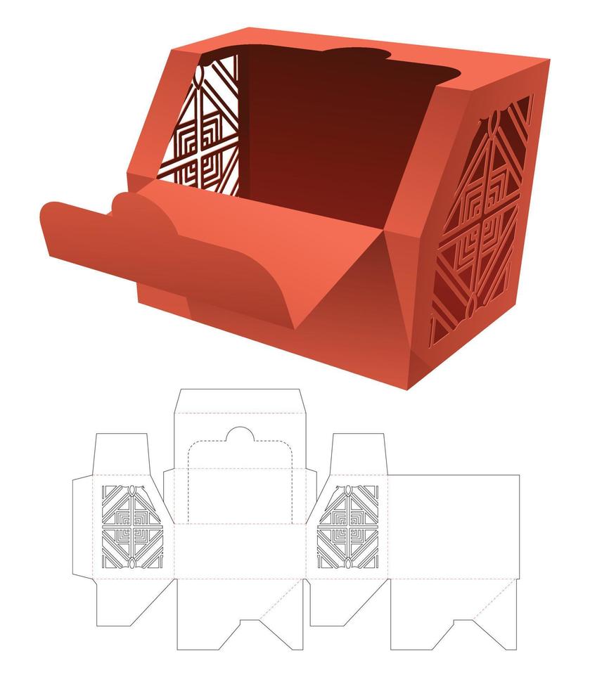 Zipping chamfered box with stenciled pattern die cut template and 3D mockup vector