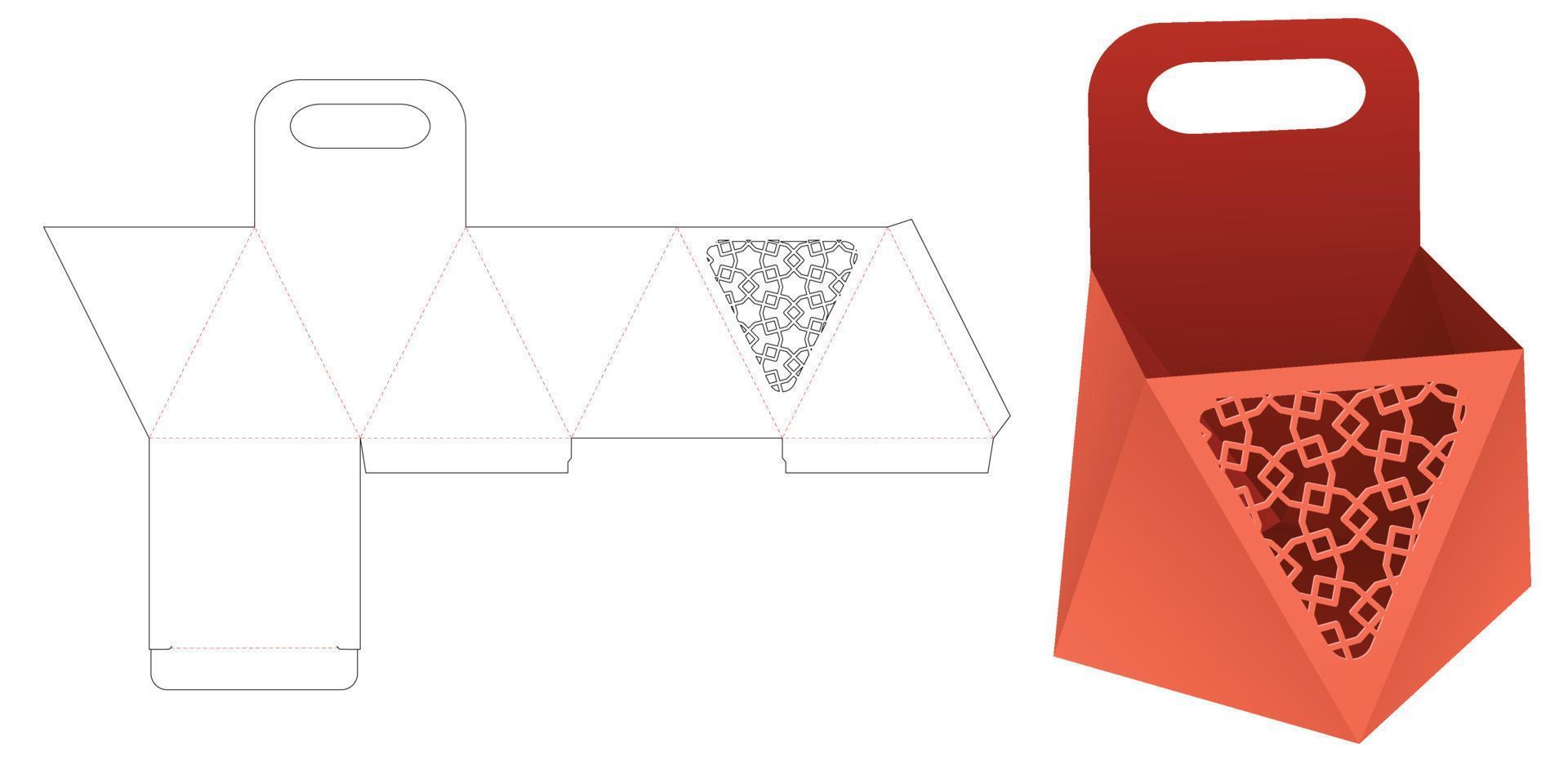 Cardboard handle prism bowl with stenciled pattern die cut template and 3D mockup vector