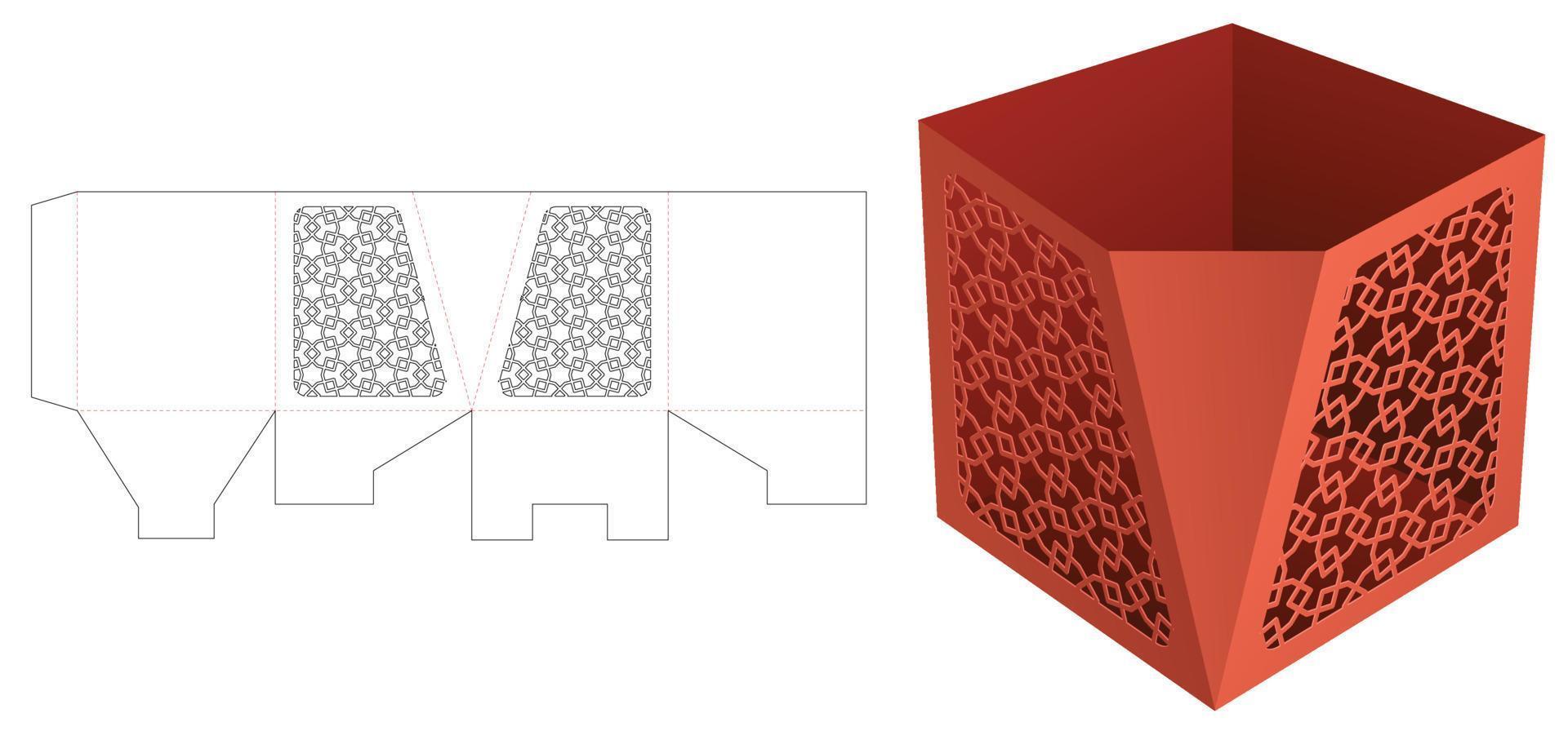 Cardboard one chamfered bowl with stenciled pattern die cut template and 3D mockup vector