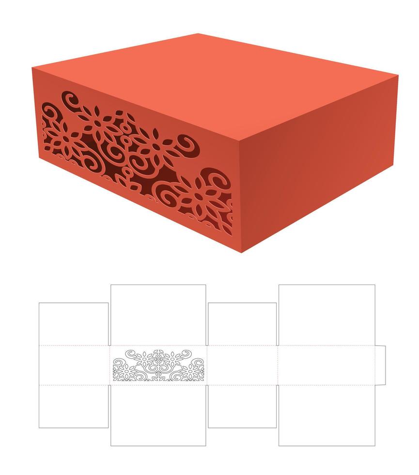 Carton with stenciled pattern die cut template and 3D mockup vector