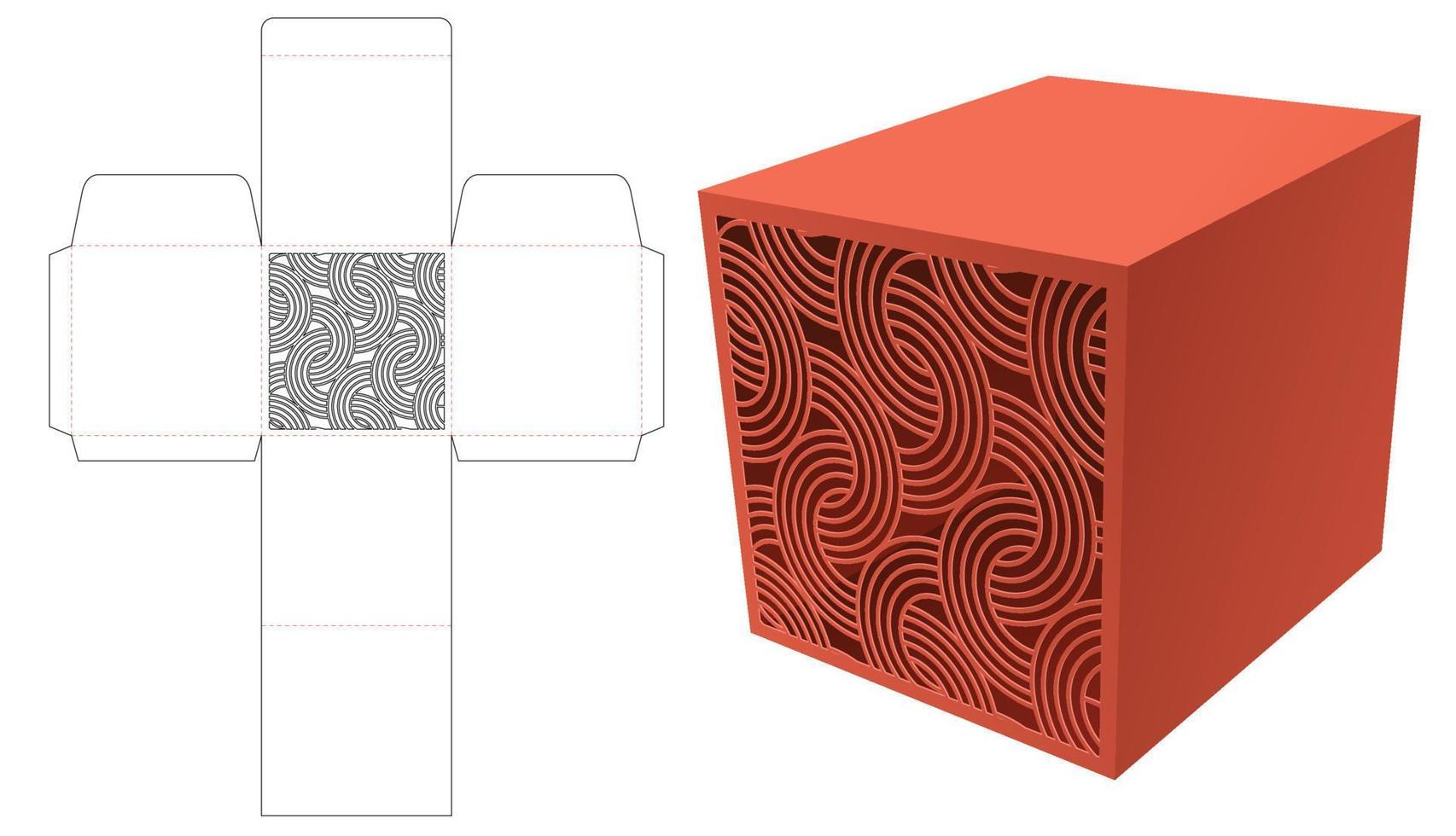 Square box with stenciled curved pattern window die cut template and 3D mockup vector