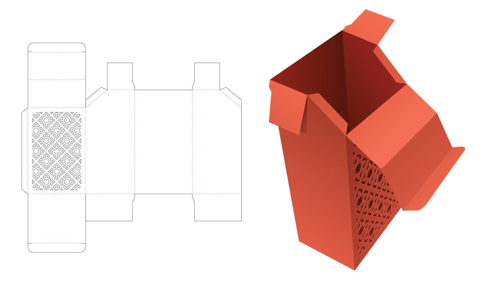 Chamfered box with stenciled pattern die cut template and 3D mockup vector