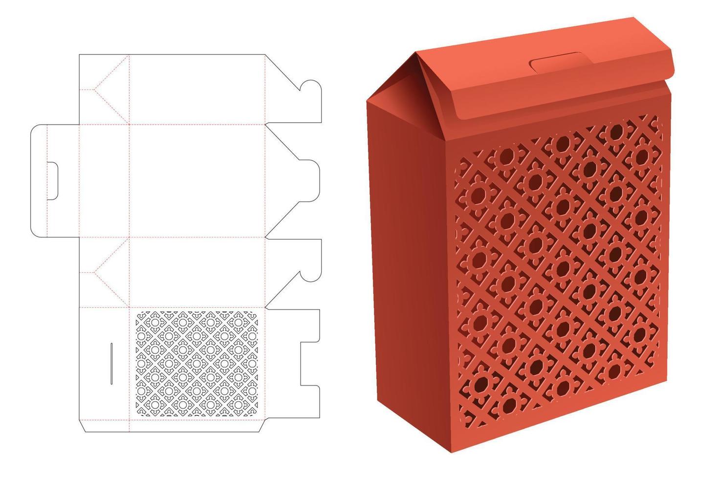 Cardboard flip box with stenciled pattern window die cut template and 3D mockup vector