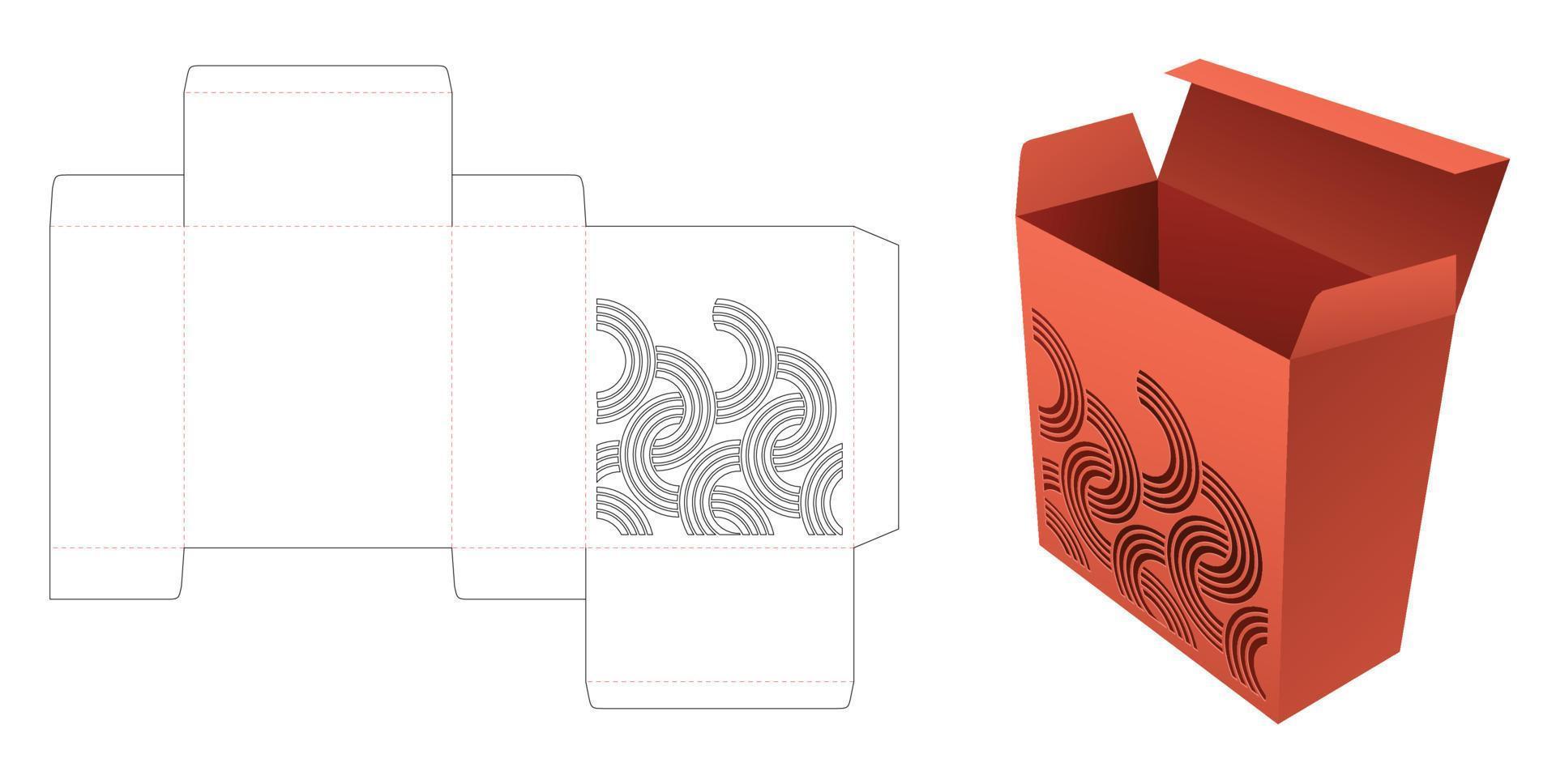 Box with stenciled curved die cut template and 3D mockup vector
