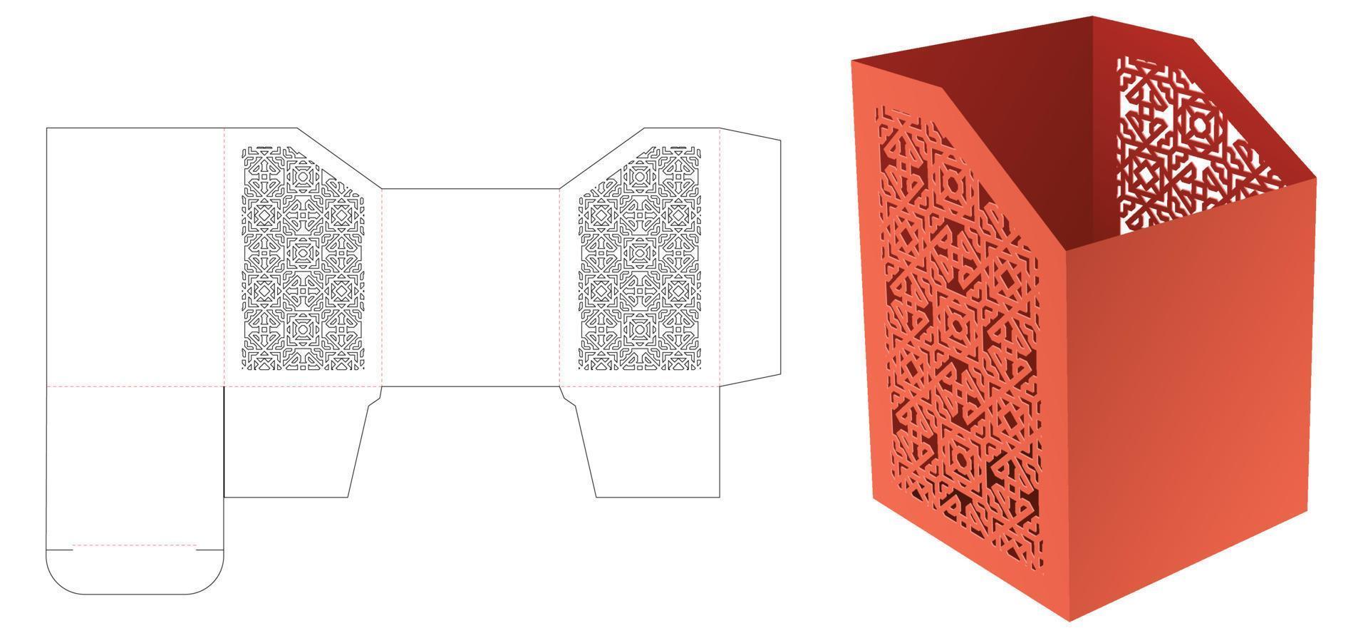 Cardboard stationery box with stenciled geometric pattern die cut template and 3D mockup vector