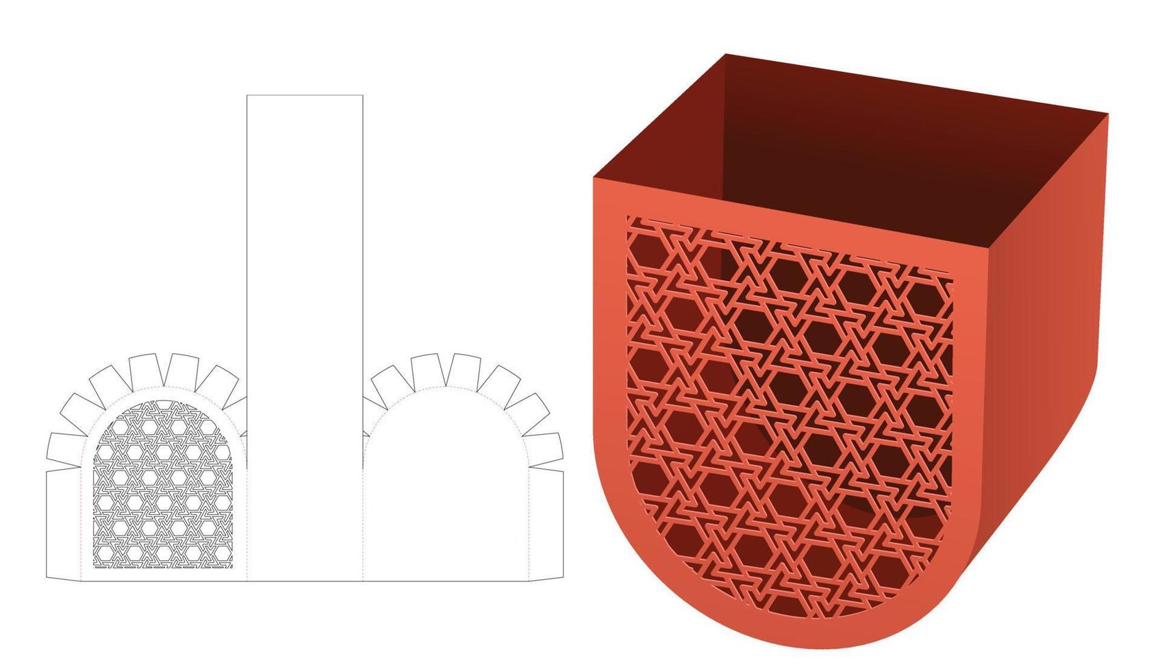 Bottom round container with stenciled pattern die cut template and 3D mockup vector