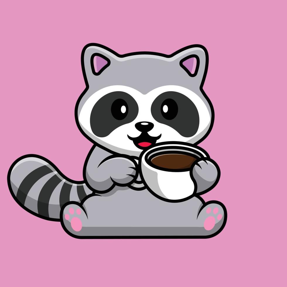 Ilustración de icono de vector de dibujos animados de taza de café de bebida de mapache lindo. concepto de dibujos animados plana animal