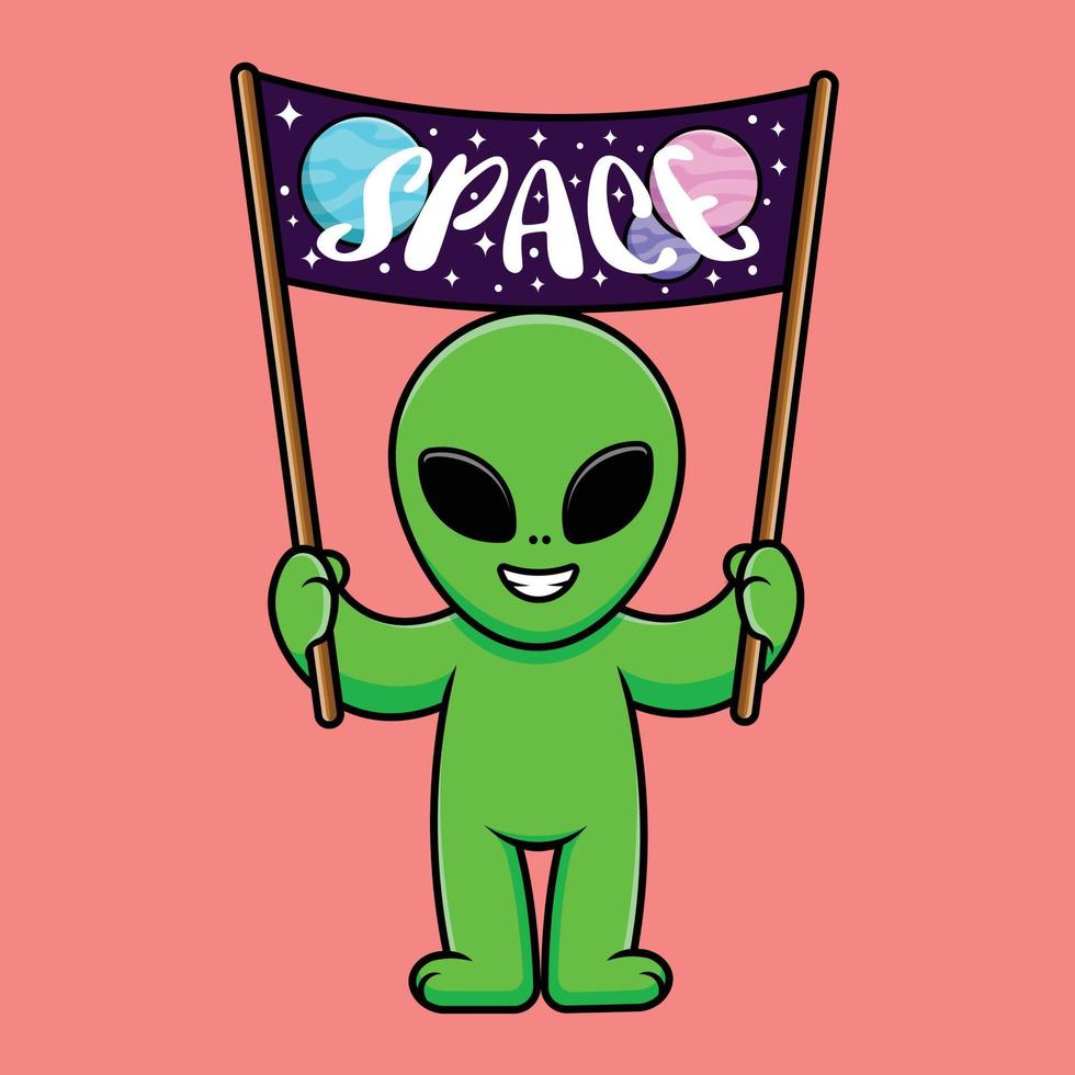 Cute Alien Holding Space Board Cartoon Vector Icon Illustration. Science Technology Flat Cartoon Concept