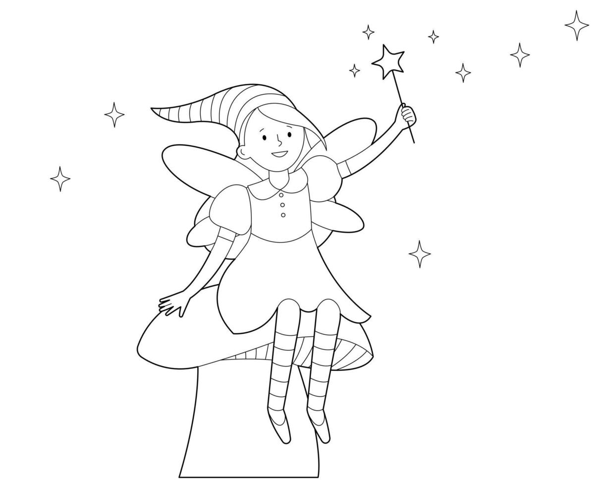 Fairy tale fairy with  magic wand is sitting on  large mushroom for  coloring book. Contour linear illustration. vector