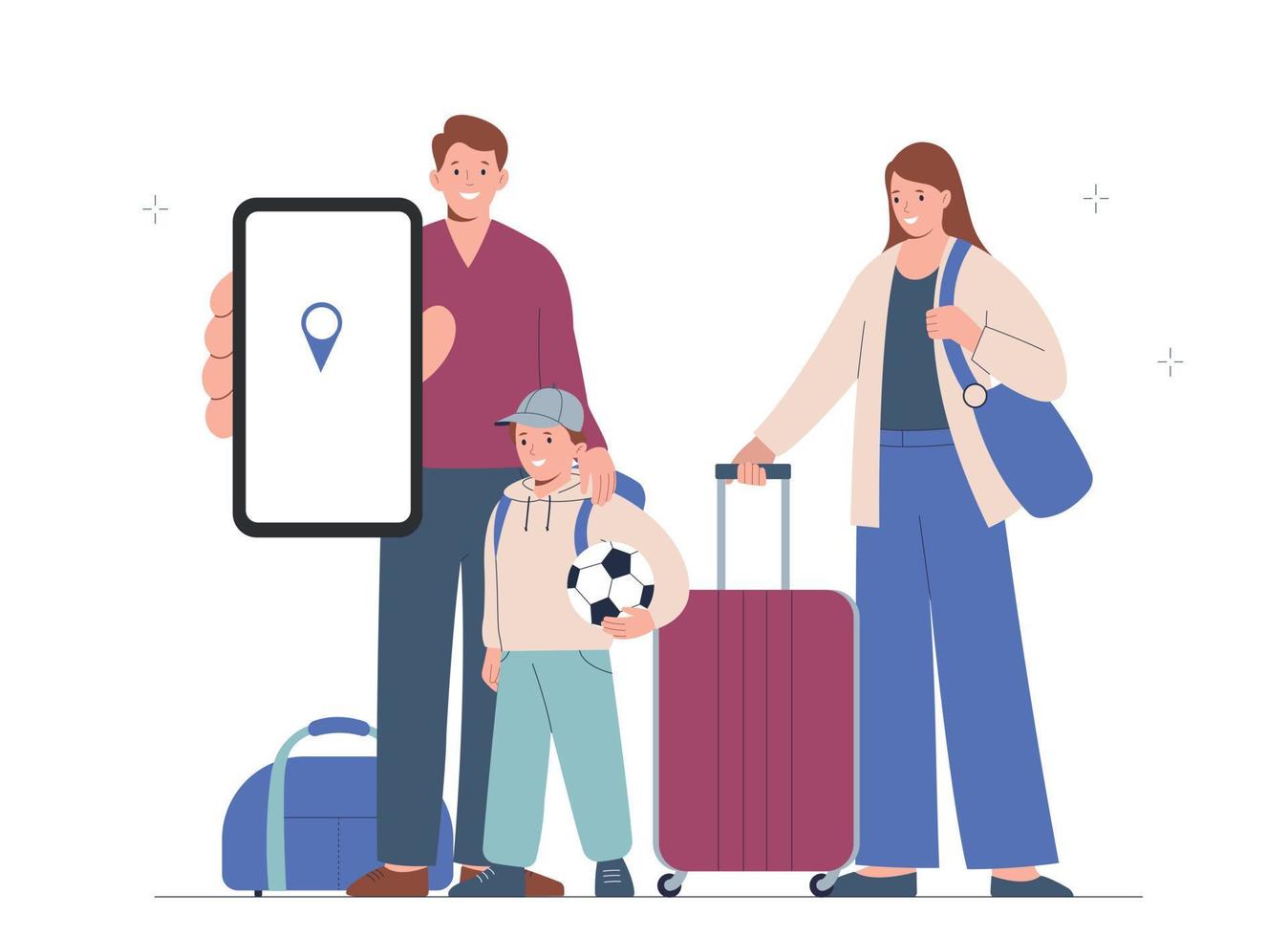 Family people travel - mother, father and child. Man is holding smartphone, destination is displayed on screen vector