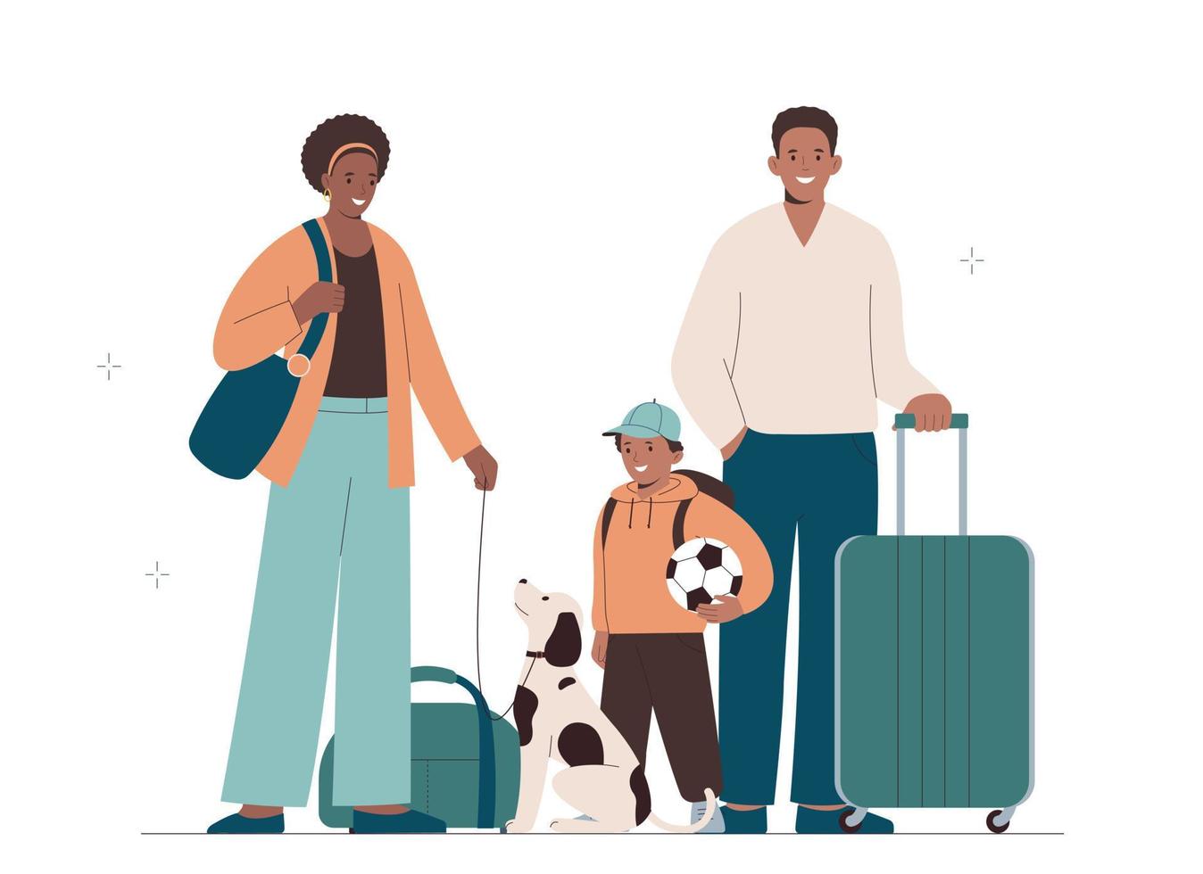 familia afroamericana se va de vacaciones. madre, padre, hijo y perro viajan juntos. vector