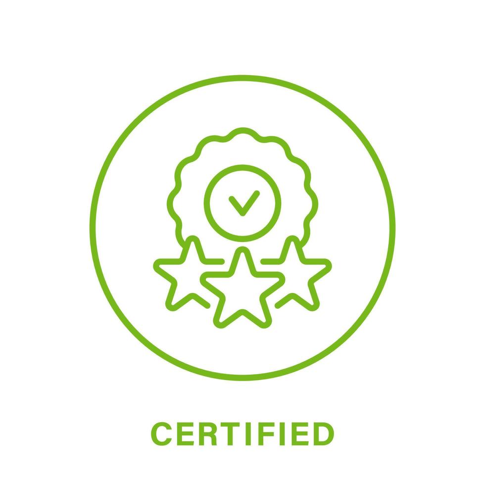 Certified Product Quality Line Green Icon. Certificate Guarantee Origin Outline Pictogram. Accredited Product Icon with Stars. Certify Control Symbol. Verified Seal. Isolated Vector Illustration.