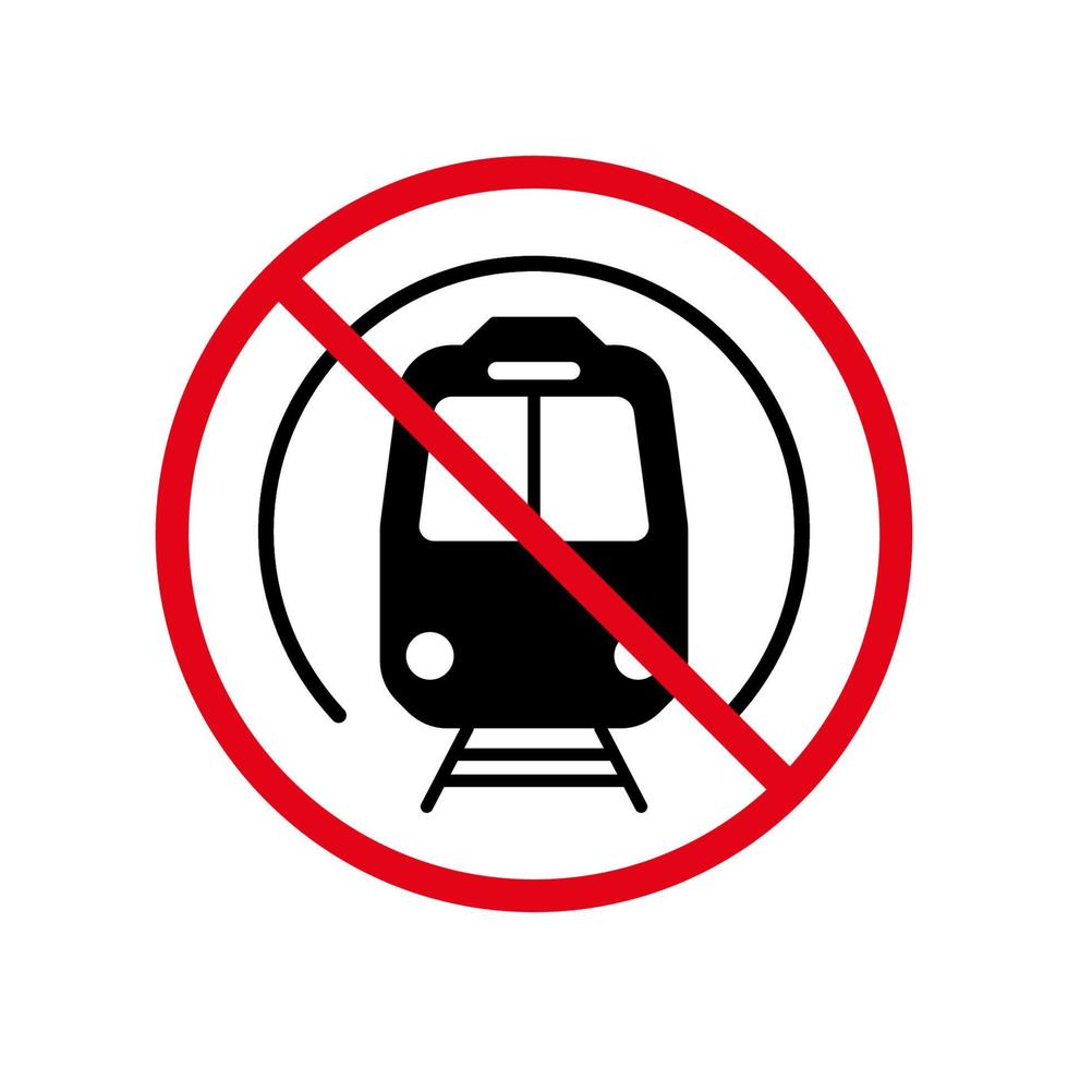 icono de silueta negra de prohibición de metro. pictograma prohibido del metro público. símbolo de círculo de parada roja de la estación de metro. no hay señal de carretera de transporte ferroviario. metro tren prohibido. ilustración vectorial aislada. vector