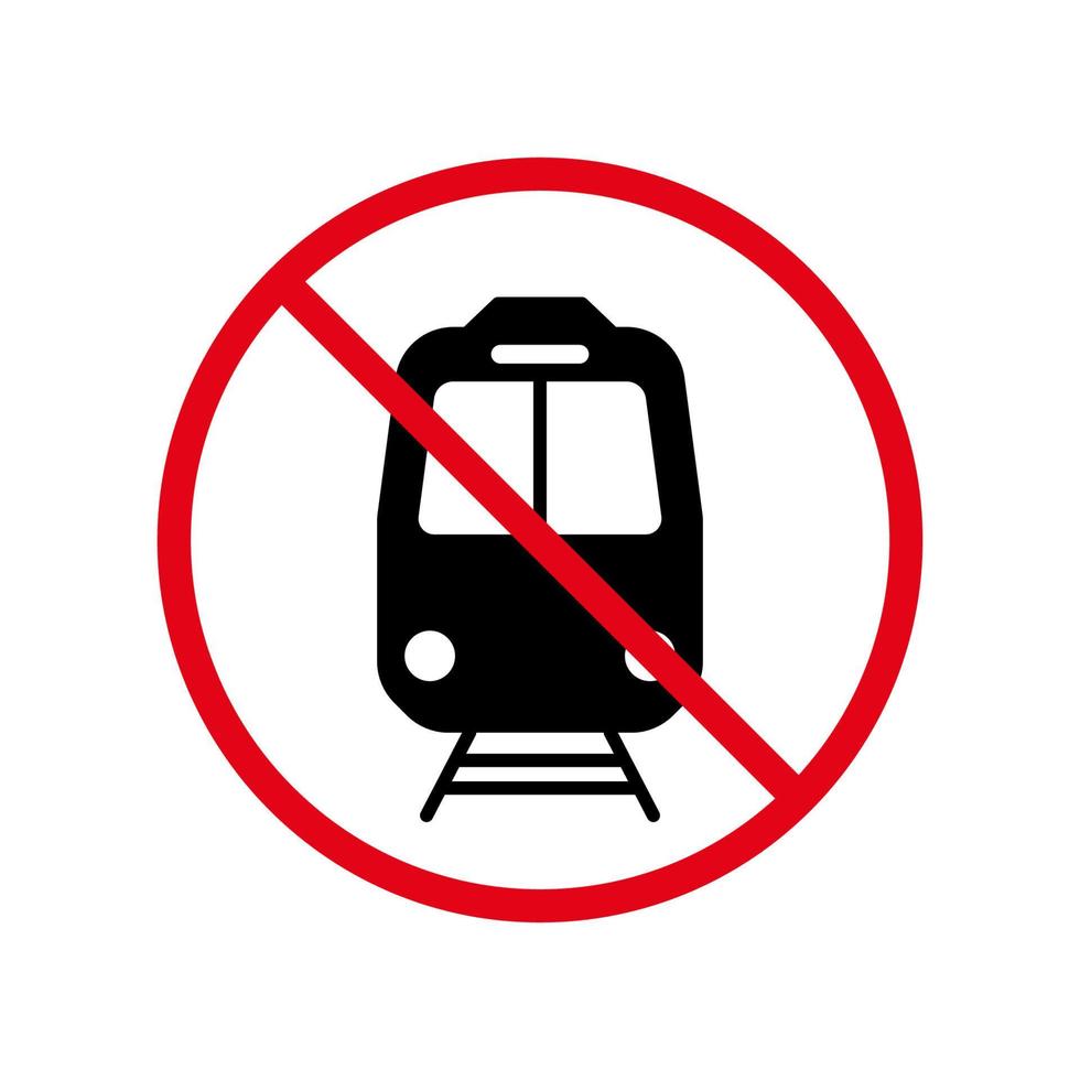 ningún icono de prohibición de silueta negra de tren. pictograma prohibido de transporte ferroviario. símbolo del círculo de parada roja del ferrocarril. señal restringida de la estación de ferrocarril. Tren de alerta prohibido. ilustración vectorial aislada. vector