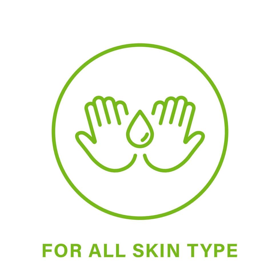 For All Skin Body Types Line Green Icon. Cosmetic Beauty Product Outline Pictogram. Natural Cosmetic For All Skin Face Type Icon. Dermatology Treatment Guarantee Symbol. Isolated Vector Illustration.