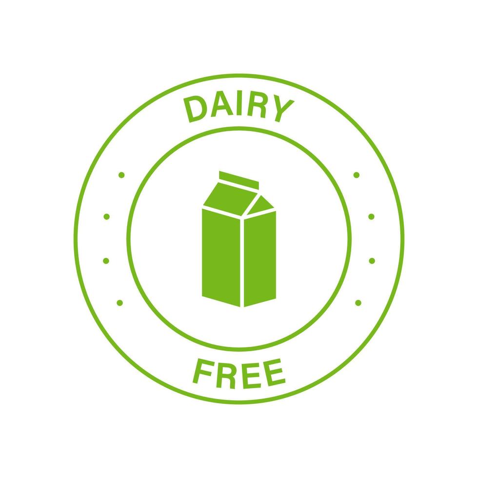 Dairy Free Green Stamp. No Cow Milk Lactose Label. Free Dairy Diet Symbol. Lactose Intolerance Allergy Ingredient Sign. Non Dairy, Healthy Food Logo. Isolated Vector Illustration.