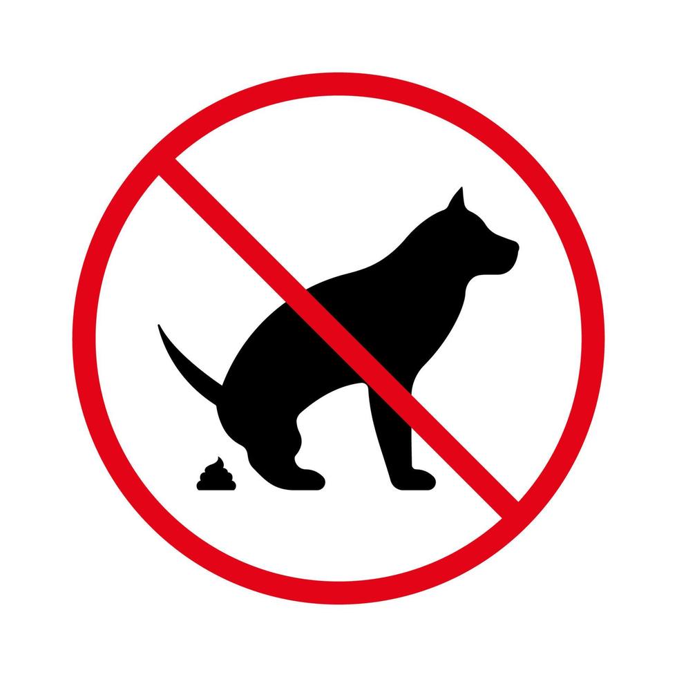 prohibir el pictograma de caca de perro. prohibir el icono de la silueta negra de la caca animal. mascota prohibida defecar símbolo de parada roja. no se permiten señales de excrementos de animales en la zona del parque. área limpia. ilustración vectorial aislada. vector