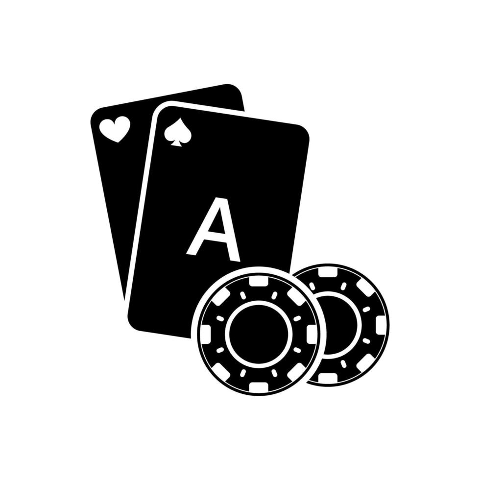Juega al icono de la silueta negra del chip de la tarjeta de póquer. ruleta de casino en pictograma de glifo de vegas. jugar a las cartas juego de apuestas símbolo plano. signo de póquer de puente de blackjack de juego afortunado. ilustración vectorial aislada. vector