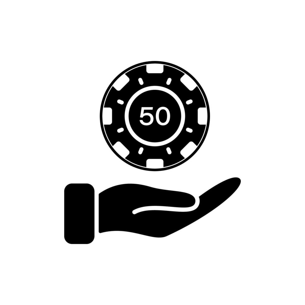 Poker Chip on Hand Glyph Pictogram. Chip Casino Roulette Black Silhouette Icon. Money Bet Circle Token. Coin Lucky Play Risk Gambling Game Club Flat Symbol. Isolated Vector Illustration.
