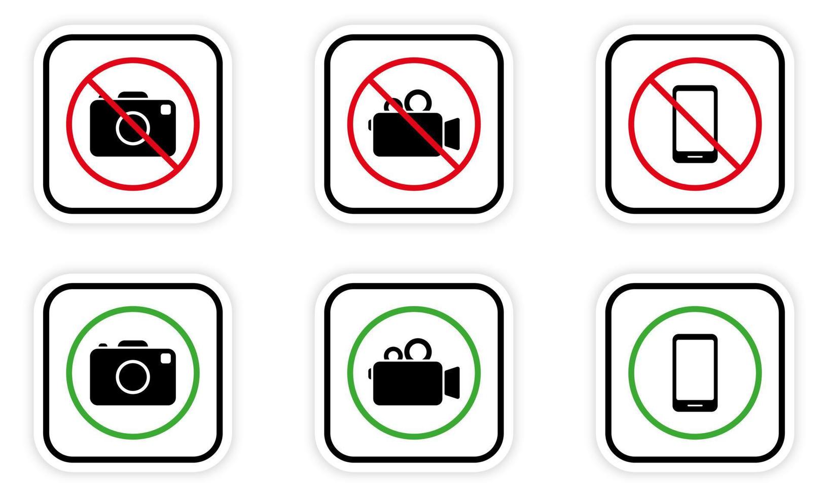 Video Camera Photo Smartphone Recording Allowed Area Black Silhouette Icon Set. Camera Zone Ban Sign. Alert Video Camera Photography Call Zone Place Red Green Symbol. Isolated Vector Illustration.