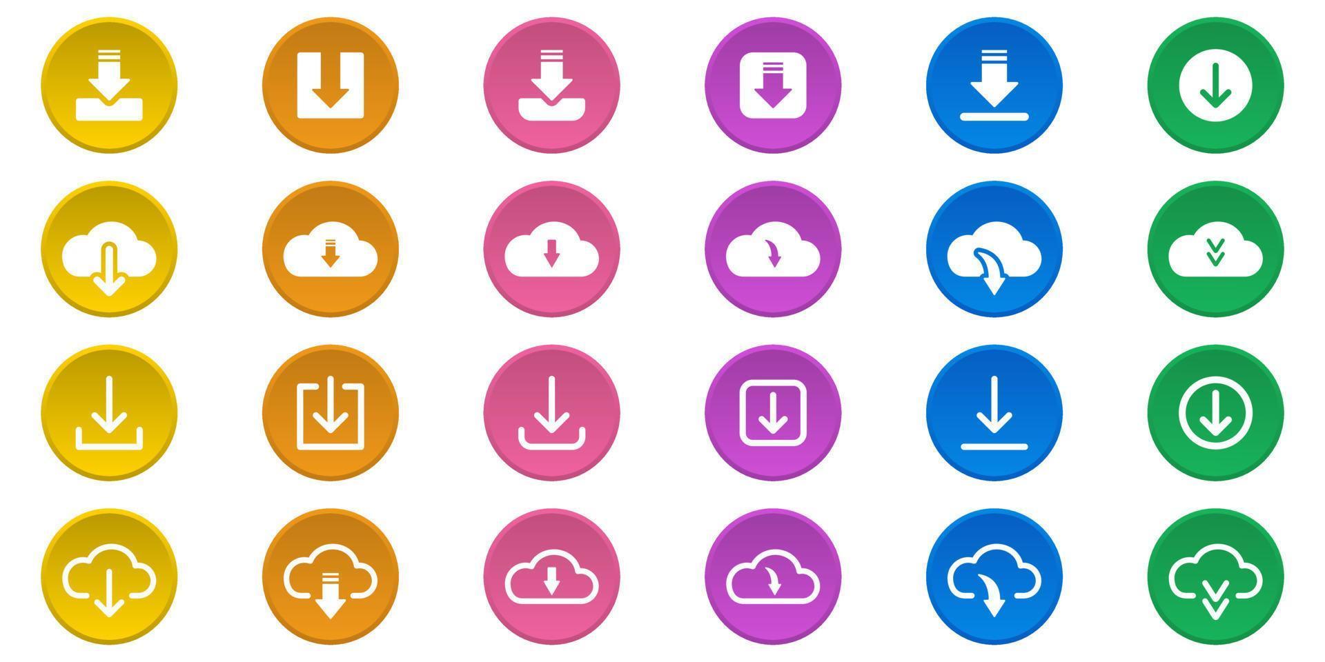 Download Button Line and Silhouette Icon Set. Download Color Web App, File, Video, Document Pictogram. Cloud, Circle, Arrow Down Upload Concept Symbol. Isolated Vector Illustration.