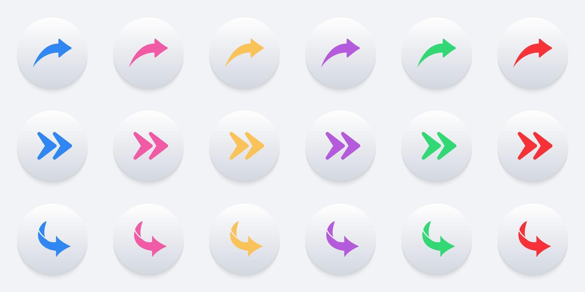 Color Arrow Digital Icon Set in Neumorphism Style. Right, Next, Share Link, Back, Forward Symbol. Direction, Navigation, Orientation Cursor Pictogram. Curve Undo Button. Isolated Vector Illustration.