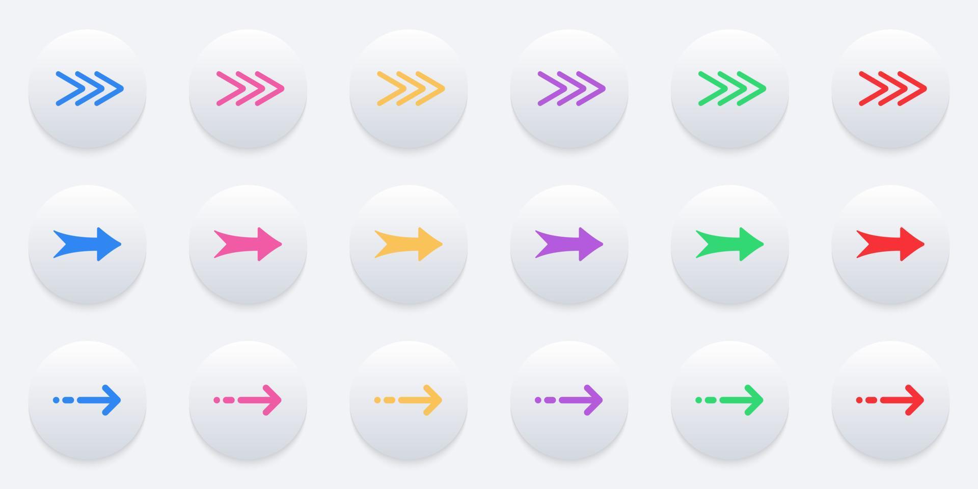 Colorful Arrow Digital Icon Set in Neumorphism Style. Direction, Navigation, Orientation, Download Cursor Pictogram. Right, Next, Share Link, Back, Forward Symbol. Isolated Vector Illustration.