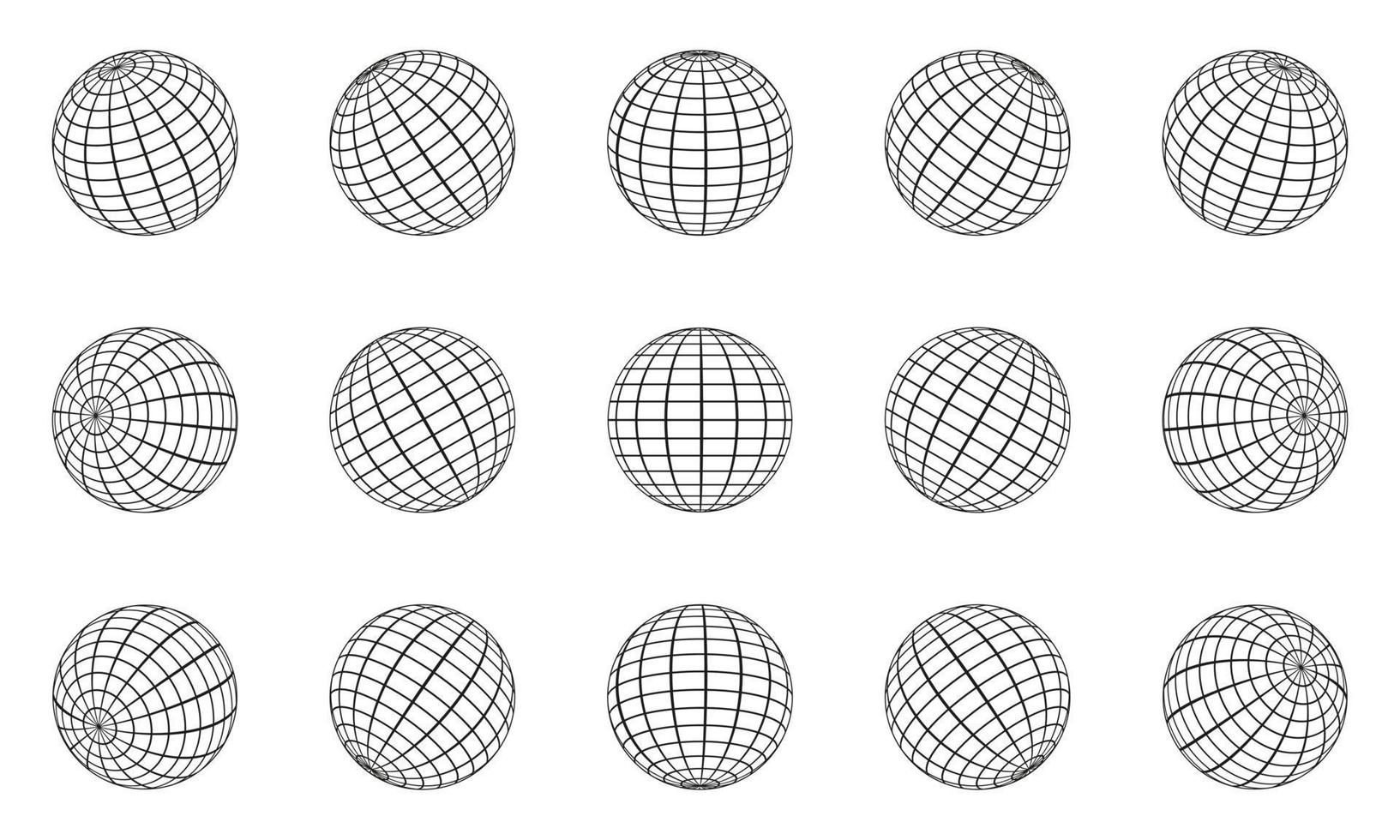 Globe Grid Sphere Set. 3D Wire Global Earth Latitude, Longitude. Geometric Grid Globe. Wired Line 3D Planet Globe. Round Grid Mesh Ball. Wireframe Globe Surface. Isolated Vector Illustration.