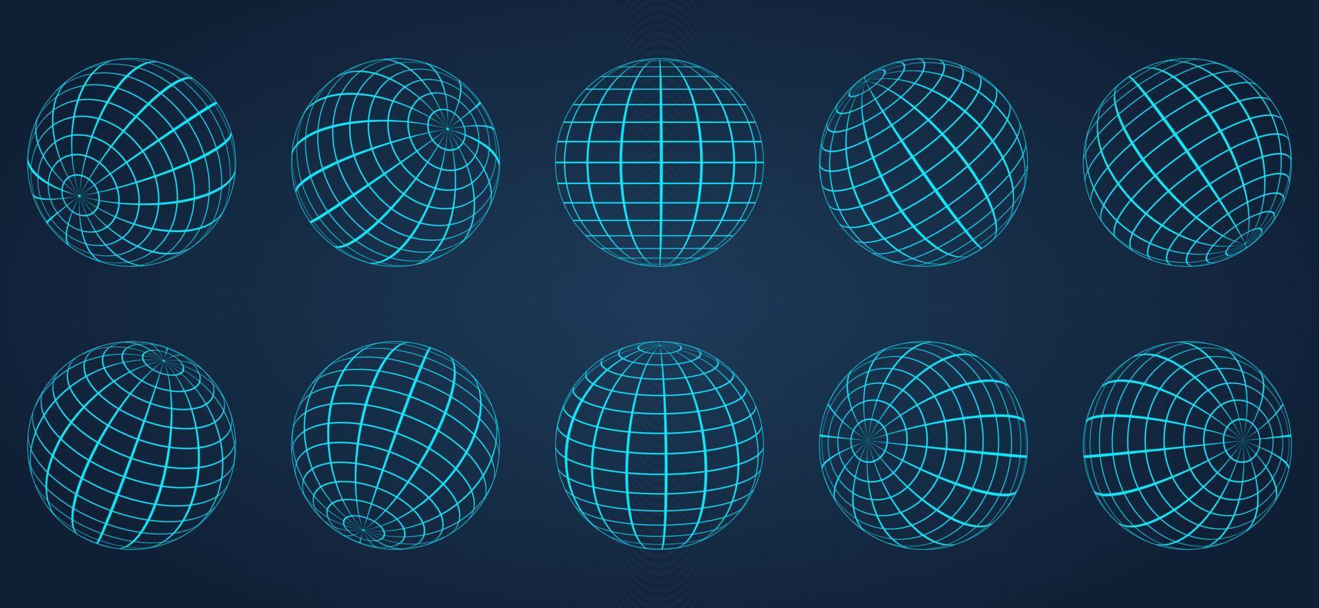 3D Blue Globe Grid Sphere Set on Dark Background. Geometric Round Grid Mesh Ball. Wireframe Globe Surface. Wire Global Earth Latitude and Longitude. Wired Line 3D Planet Globe. Vector Illustration.