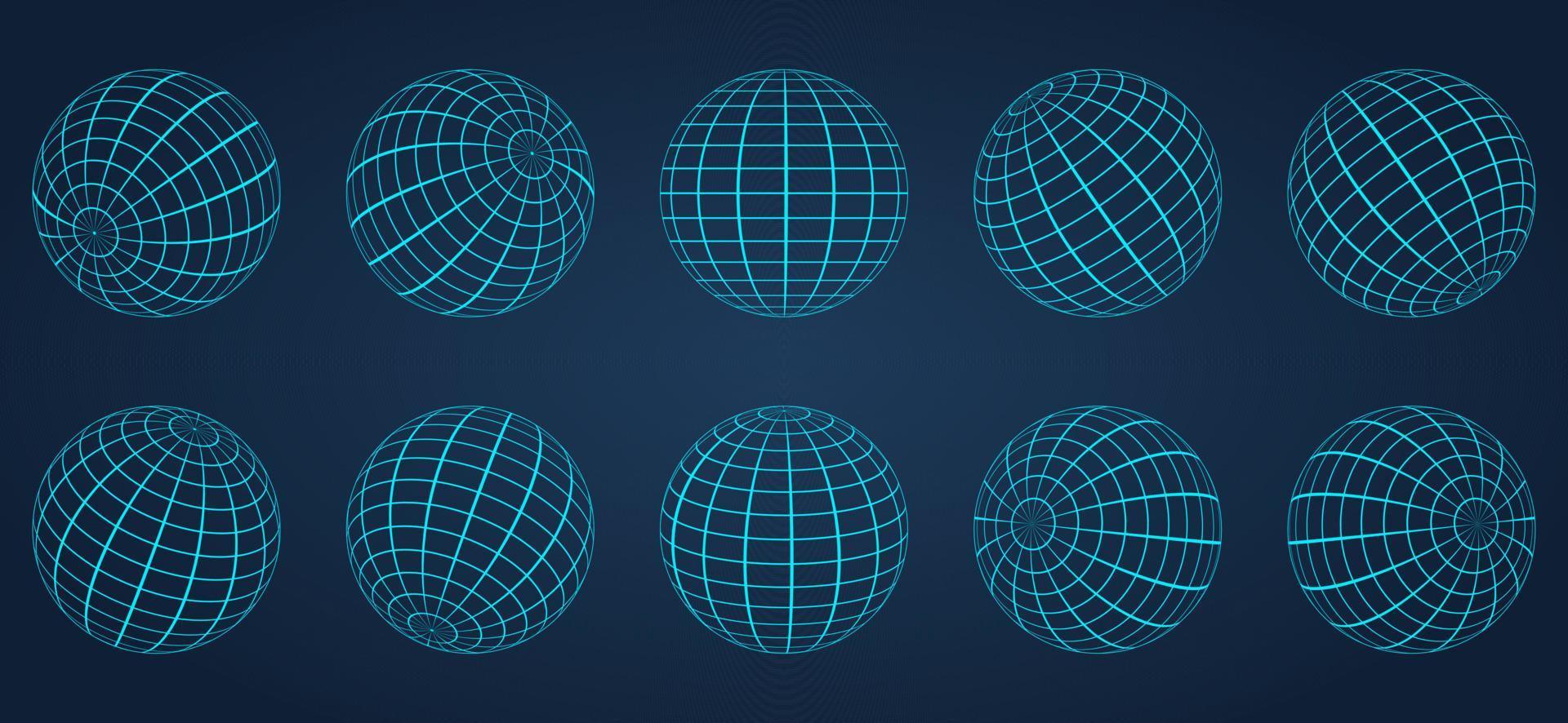 Esfera de cuadrícula de globo azul 3D sobre fondo oscuro. bola de malla de rejilla redonda geométrica. superficie del globo de estructura metálica. cable de latitud y longitud de la tierra global. línea alámbrica 3d planeta globo. ilustración vectorial vector