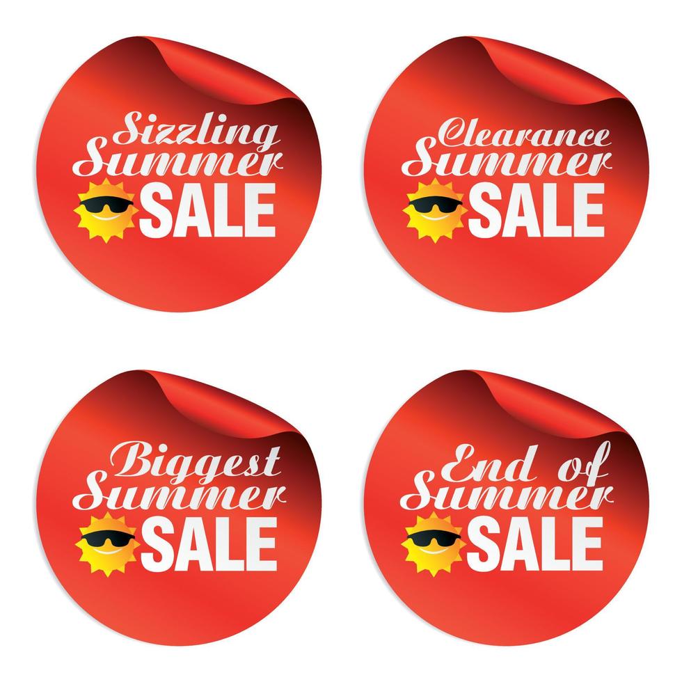 Red summer sale stickers sizzling, clearance, biggest, end of with funny sun icon vector