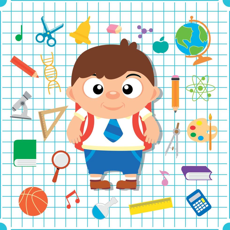 Back to school banner with boy, squared paper page background poster vector