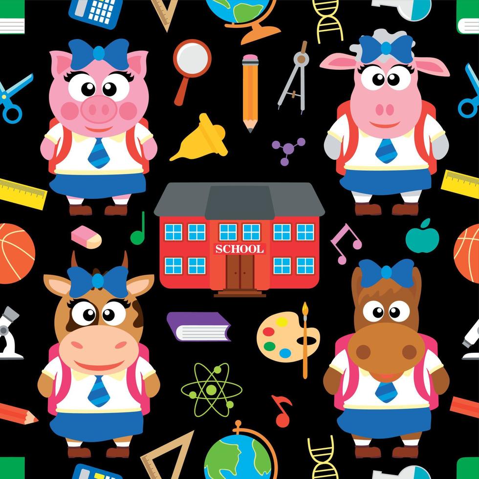 Back to school seamless vector with funny animals