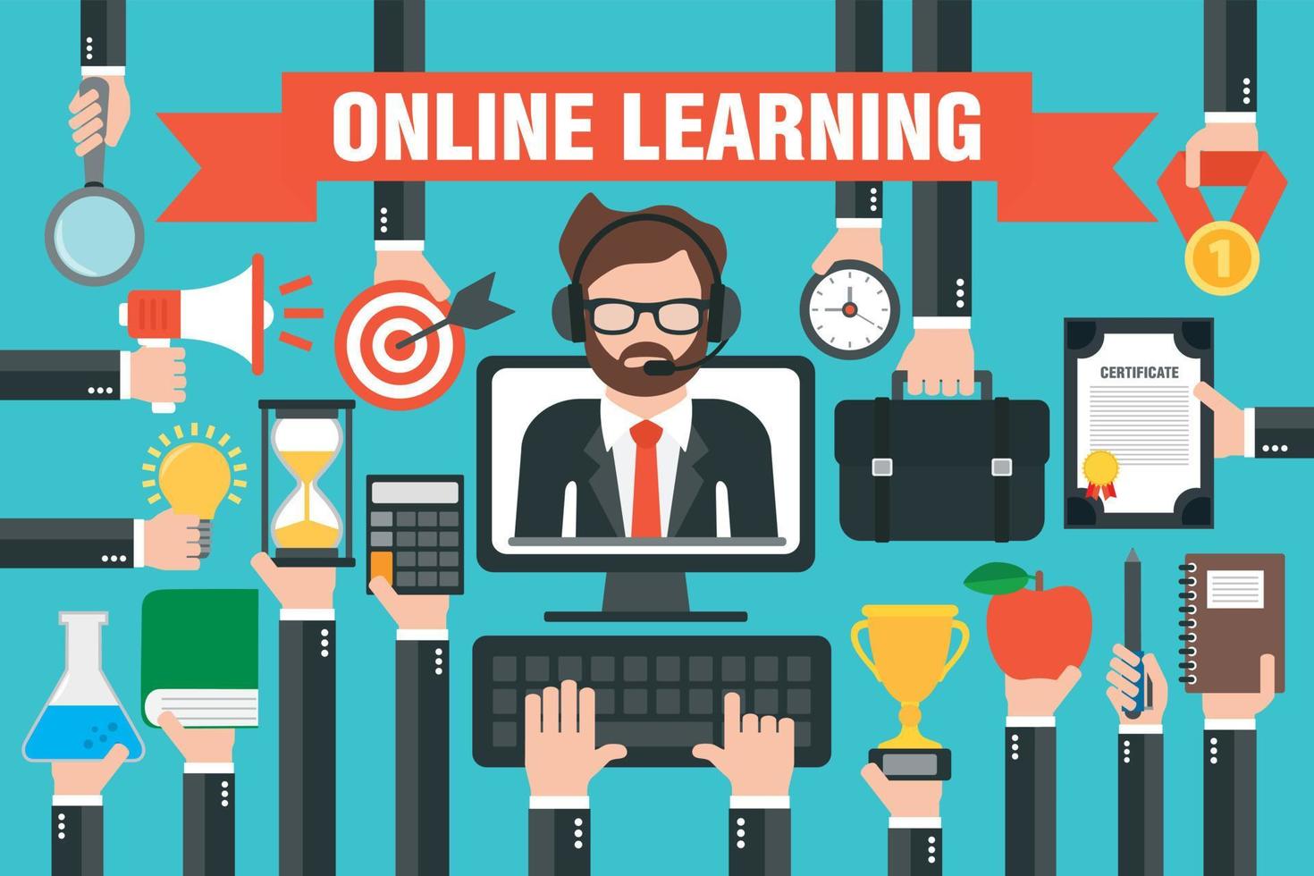 Flat design concepts online learning with online teacher in computer vector