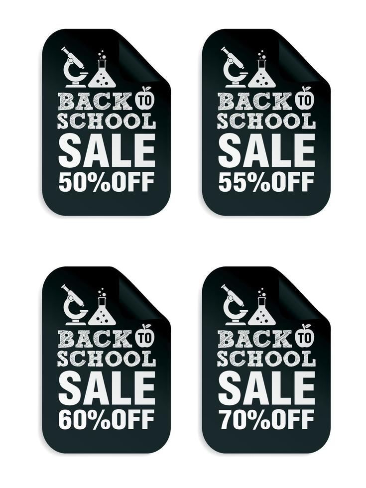 Back to school sale black stickers set 50, 55, 60, 70 percent off with microscope vector