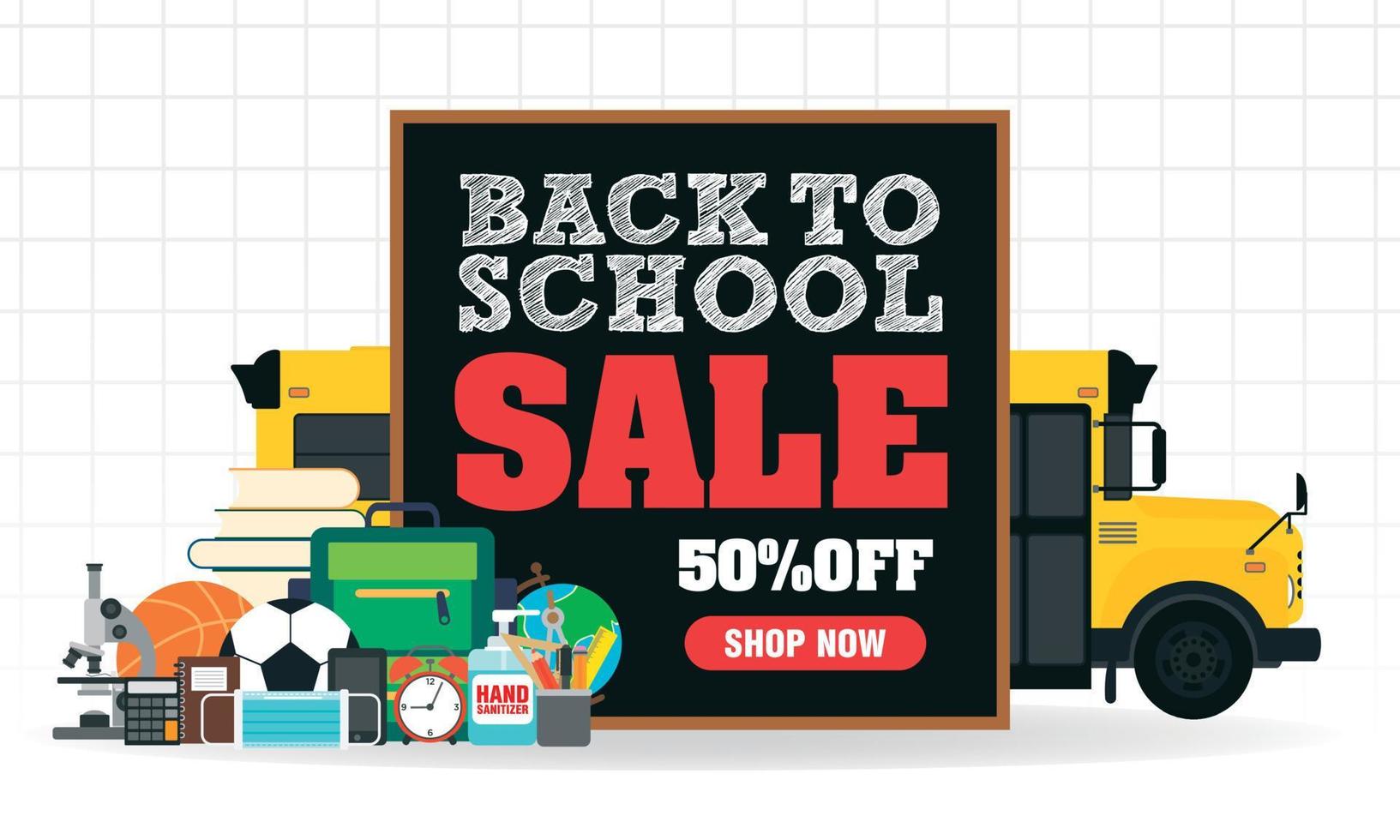 Back to school sale concept design flat banner. Sale 50 percent off, shop now. Welcome back to school. School icon vector